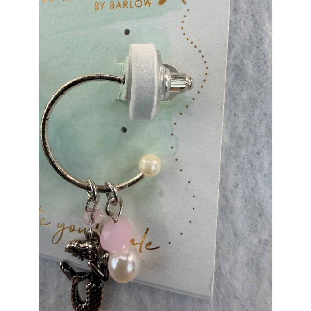 Periwinkle by Barlow Mermaid Charm Hoop Earrings Silver Tone Pink Pearl NEW